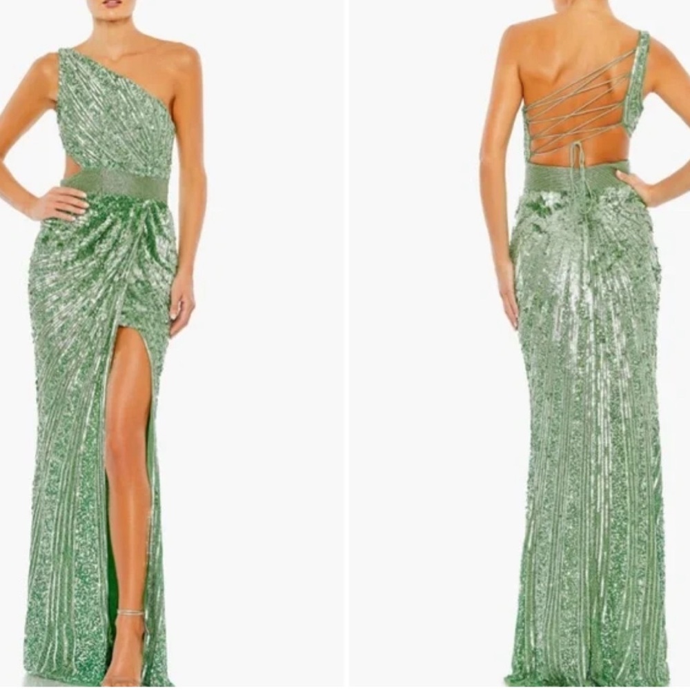 Mac Duggal Dress| NWT One Shoulder Mac Duggal Sage Green gown. Size 6